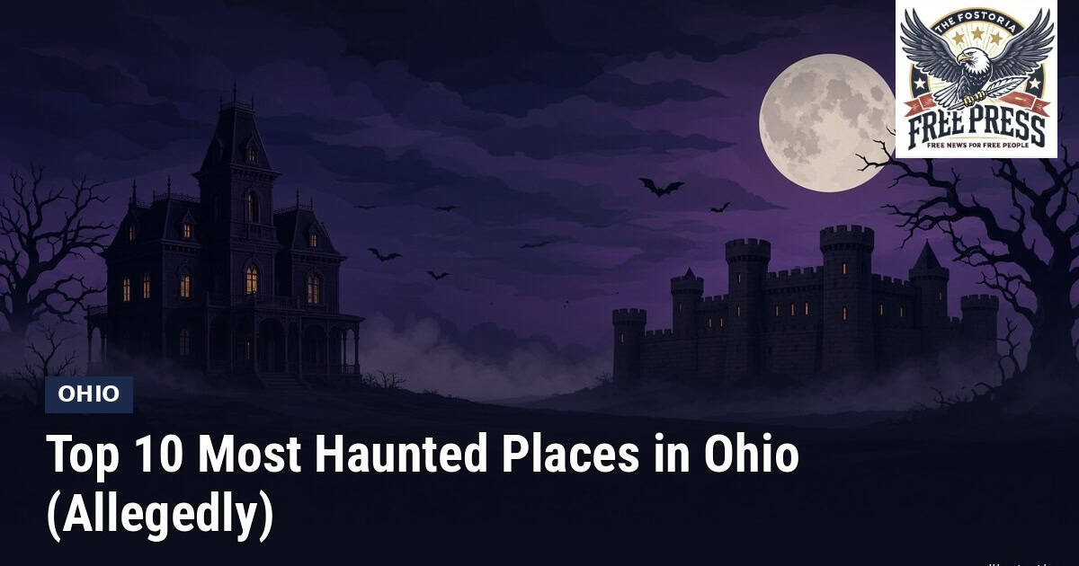 Fostoria News: Illustration of a generic Victorian mansion and an old stone prison silhouette under a full moon at night, with headline: Top 10 Most Haunted Places in Ohio (Allegedly)